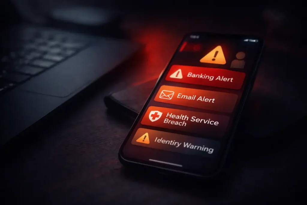 Alertes de sécurité affichées sur un smartphone après une fuite massive de données en France