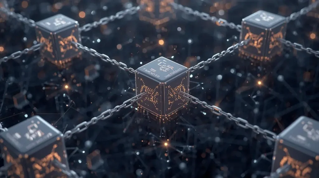 Illustration réaliste d’un registre distribué composé de blocs chaînés, montrant la décentralisation et la validation collective