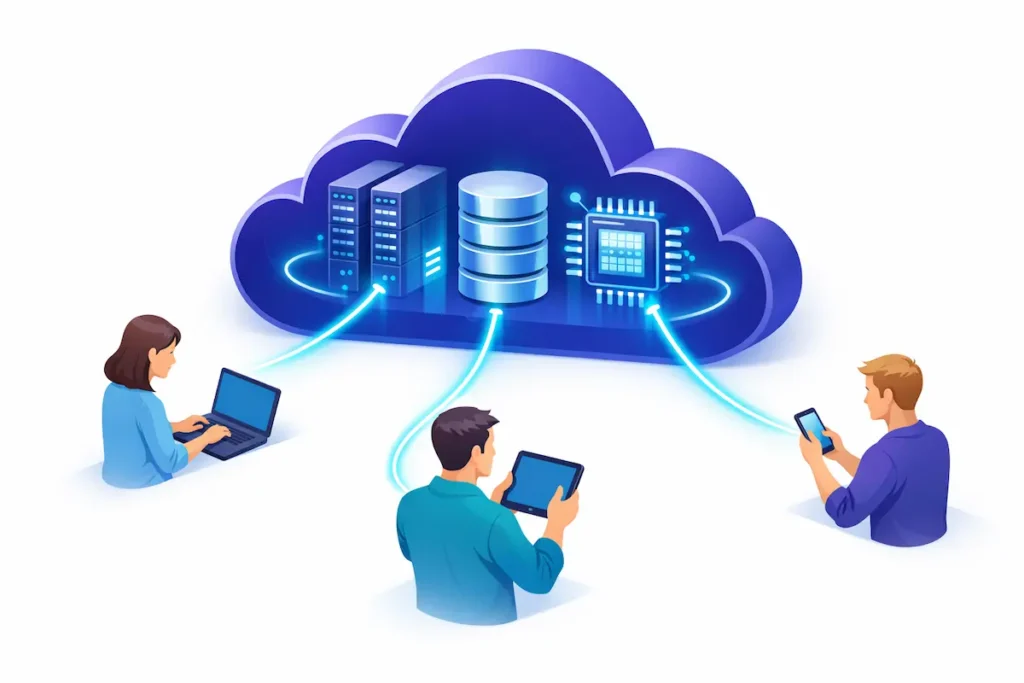 Illustration du cloud computing montrant des serveurs distants fournissant des ressources informatiques via Internet à différents utilisateurs
