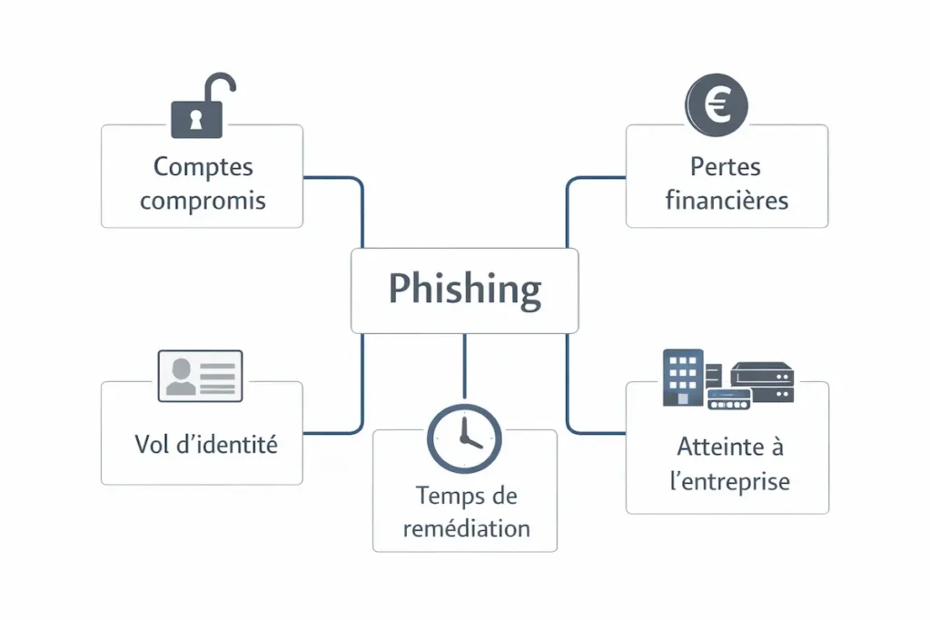 Graphique simple présentant les principales conséquences du phishing : comptes compromis, pertes financières, vol d’identité, atteinte à l’entreprise et temps de remédiation.