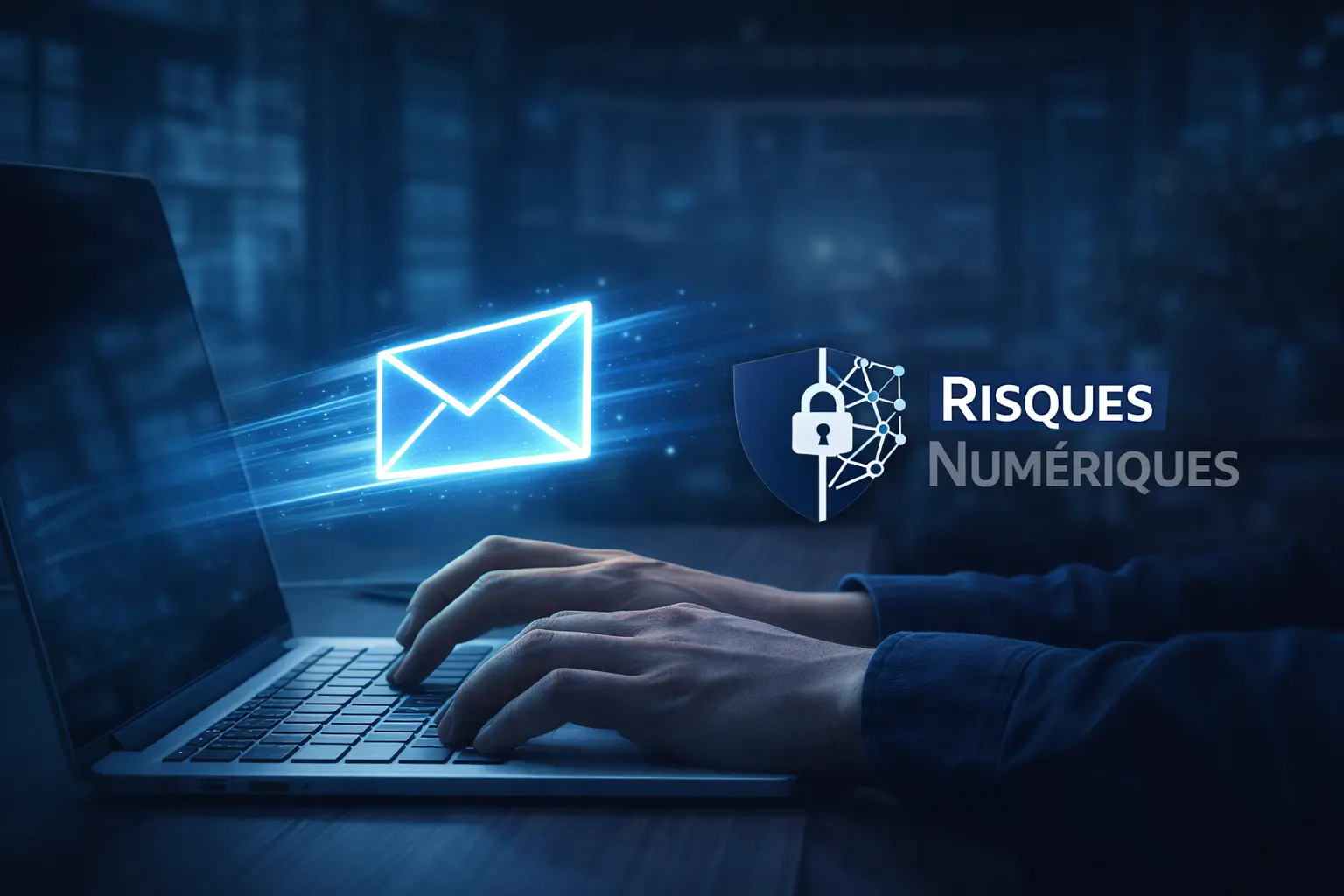 Mains tapant sur un ordinateur portable avec une enveloppe numérique, illustrant un contact sécurisé en cybersécurité