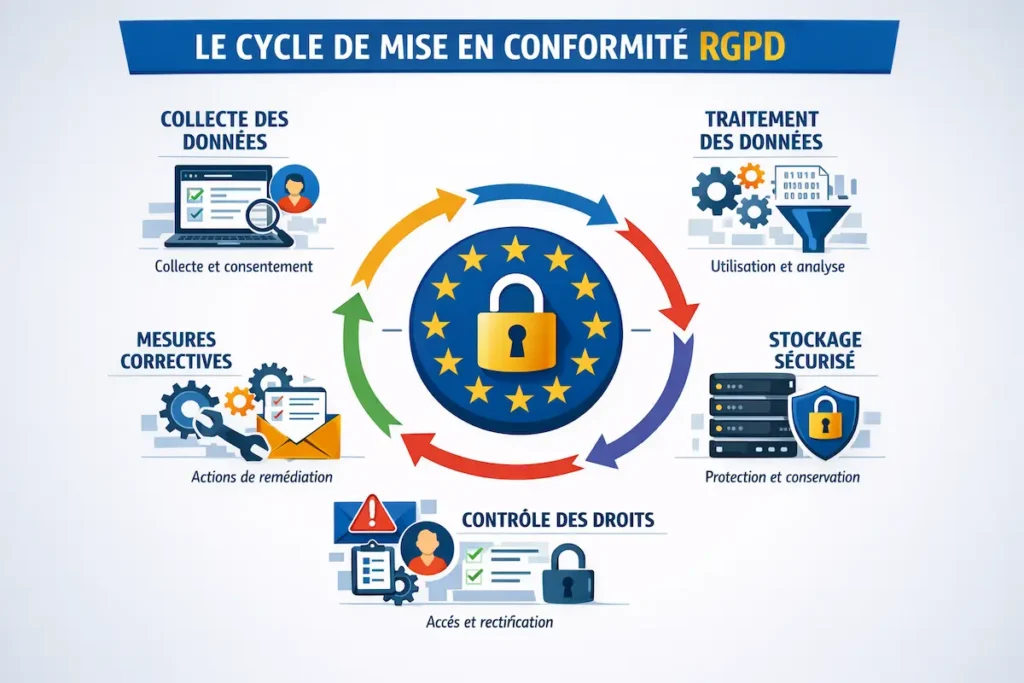 Schéma illustrant le cycle de mise en conformité RGPD : collecte, traitement, stockage, sécurisation, notification en cas de violation et contrôle Obligations RGPD des entreprises