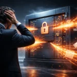 Un homme d'affaires désemparé devant un coffre-fort numérique dont le contenu s'évapore sous forme de lumière vers l'extérieur.