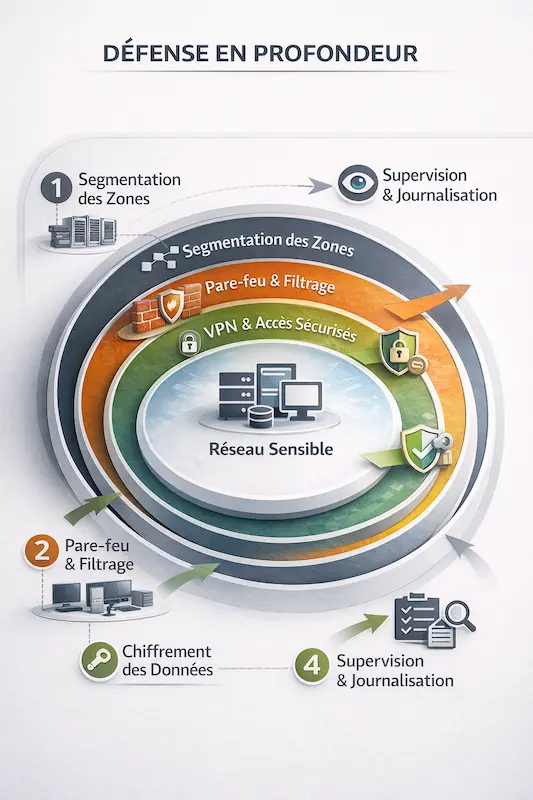 Illustration réaliste montrant un réseau avec couches successives de protection : segmentation, pare-feu, VPN, chiffrement, supervision Sécurité réseau définition