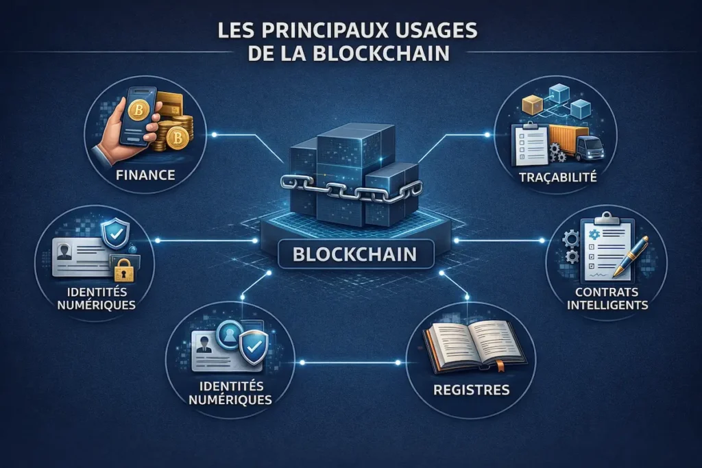 Illustration non promotionnelle des domaines d’usage de la blockchain : finance, traçabilité, contrats intelligents, identités numériques et registres