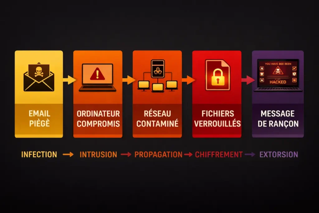 Schéma montrant les étapes d’une attaque ransomware : phishing, intrusion, propagation, chiffrement et demande de rançon