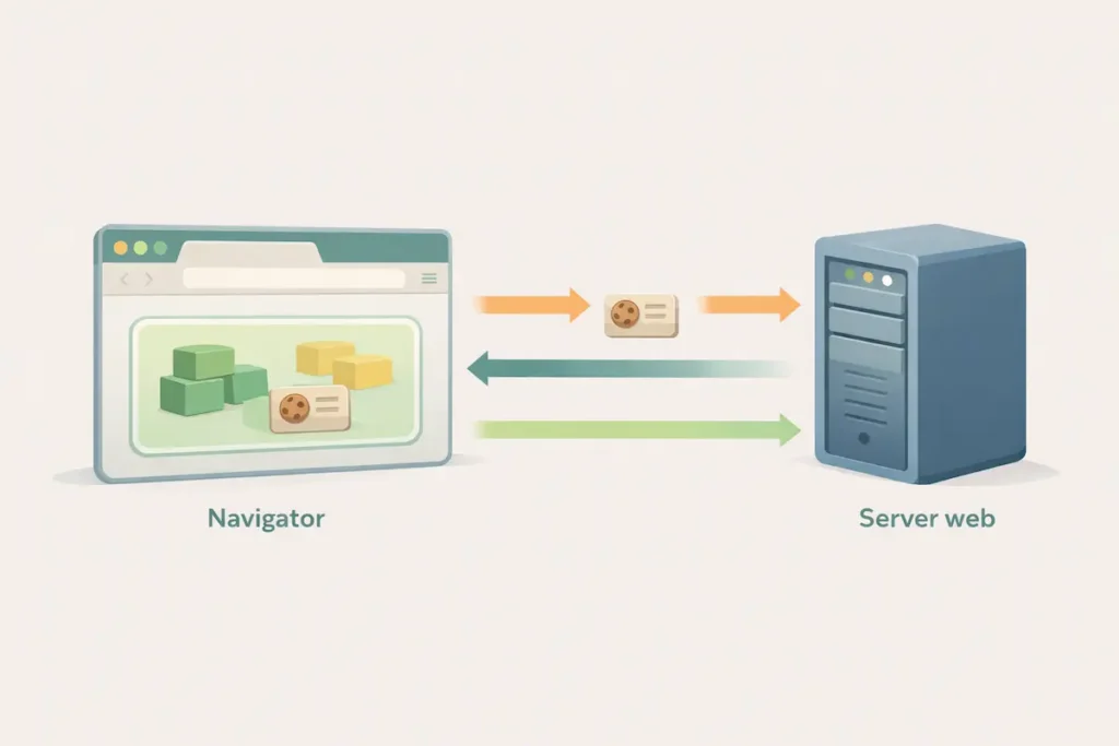Schéma simplifié montrant l’échange HTTP entre un navigateur et un serveur avec création et lecture d’un cookie