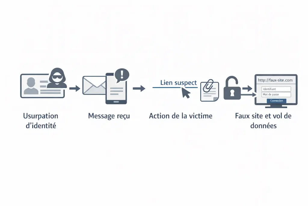 Infographie en quatre étapes montrant le déroulement d’une attaque de phishing : usurpation d’identité, message reçu par la victime, clic ou ouverture, puis faux site avec vol des données.