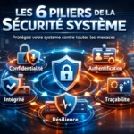 Illustration réaliste des six principes fondamentaux de la sécurité système : confidentialité, intégrité, disponibilité, traçabilité, authentification et résilience, avec serveurs et réseau sécurisé en arrière-plan.