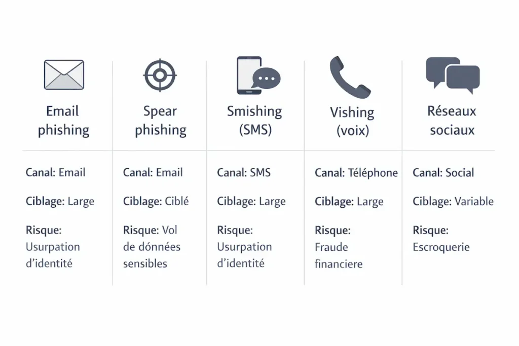 Tableau illustré comparant les principaux types de phishing : email, spear phishing ciblé, smishing par SMS, vishing par téléphone et phishing via réseaux sociaux.
