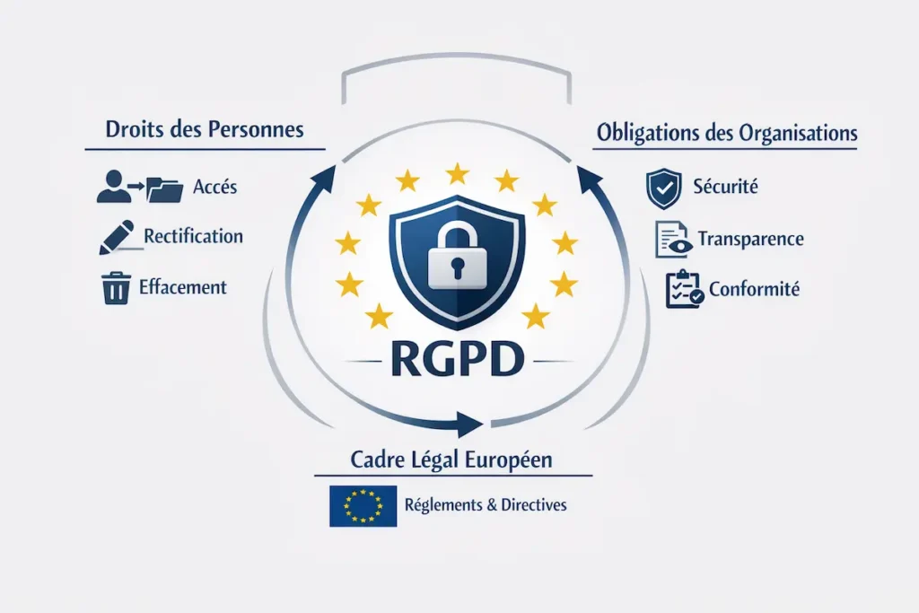 Schéma de synthèse du RGPD montrant la protection des données, les droits des personnes et les obligations des organisations RGPD définition