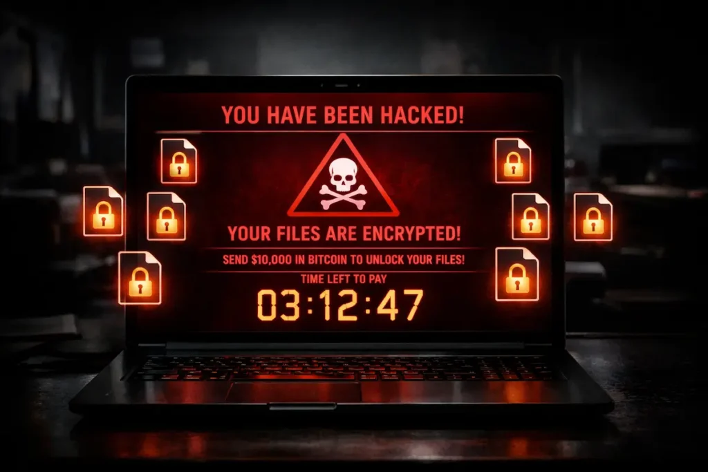 Illustration d’un ordinateur dont les fichiers sont verrouillés par un ransomware avec message de rançon à l’écran Ransomware définition