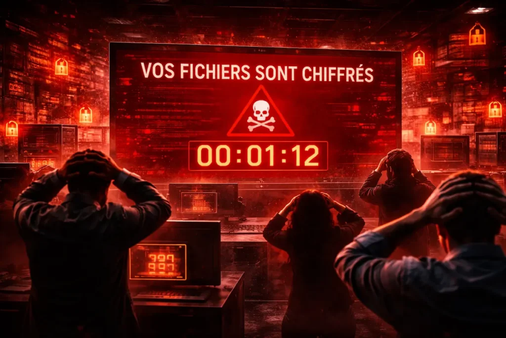 Écran d’ordinateur affichant un message de rançon rouge avec compte à rebours, symbole d’une attaque ransomware imminente