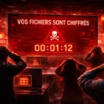 Écran d’ordinateur affichant un message de rançon rouge avec compte à rebours, symbole d’une attaque ransomware imminente