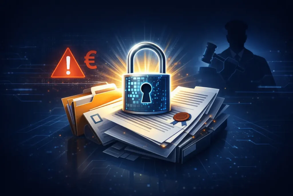 Visuel symbolisant les sanctions RGPD et la protection des données : cadenas numérique, documents légaux et icônes d’alerte