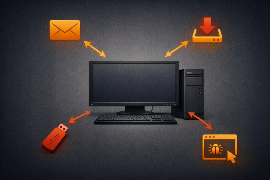 Schéma illustrant les vecteurs d’infection d’un malware : email, téléchargement, site web compromis et clé USB