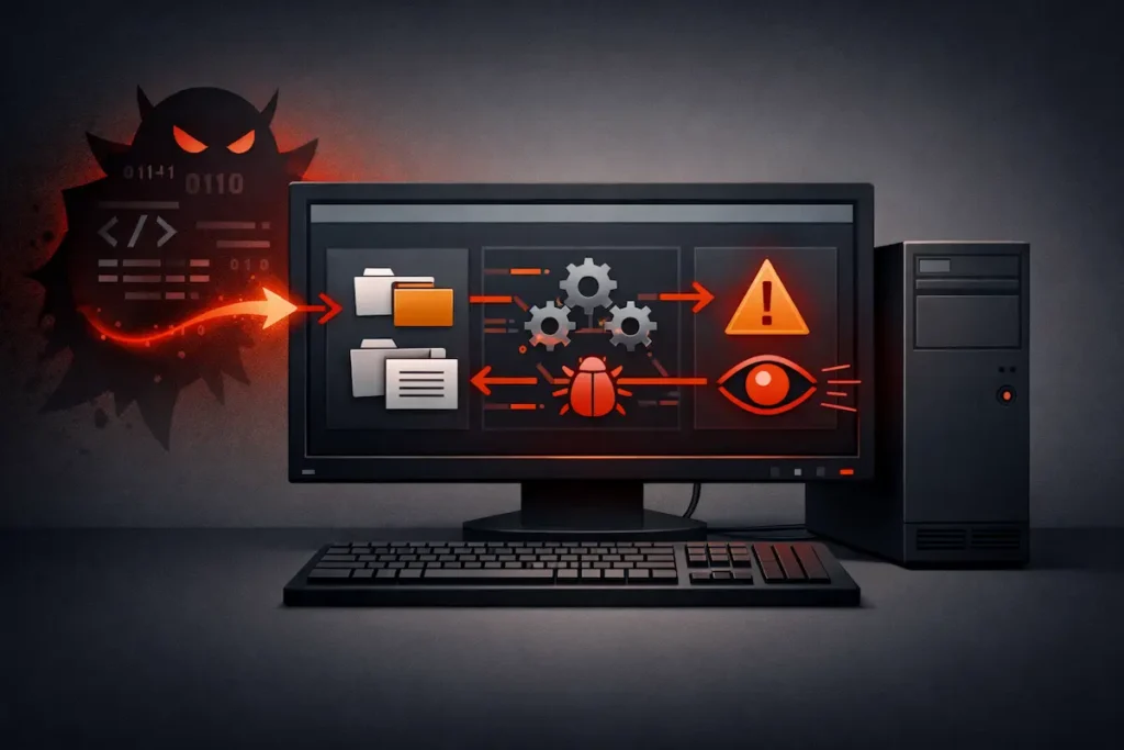 Schéma montrant un malware s’introduisant sans autorisation dans un ordinateur et compromettant le système malware définition