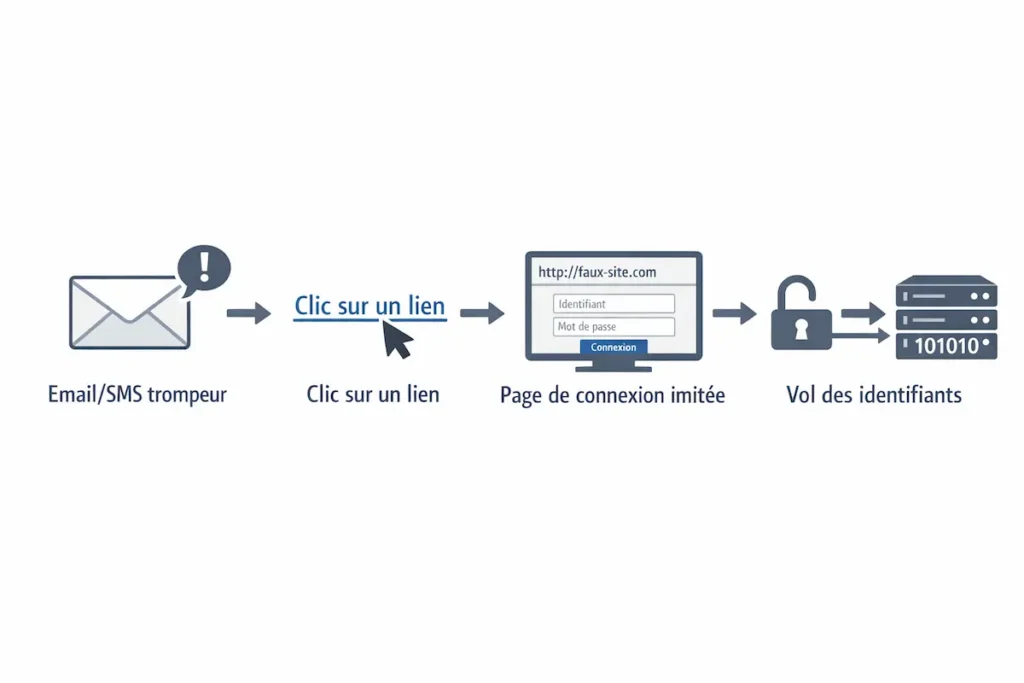 Schéma pédagogique du phishing montrant un email trompeur, le clic sur un lien, une fausse page de connexion et le vol des identifiants Phishing définition