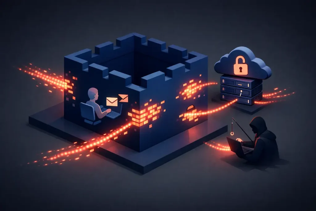 Infographie montrant les flux de données s'échappant d'une entreprise via des erreurs humaines internes, des serveurs cloud mal configurés et des attaques de phishing. Fuite de données définition