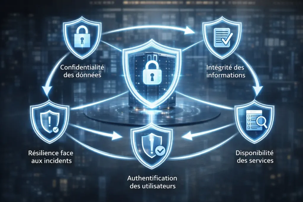 Sécurité système définition : schéma des six principes essentiels — confidentialité, intégrité, disponibilité, traçabilité, authentification et résilience