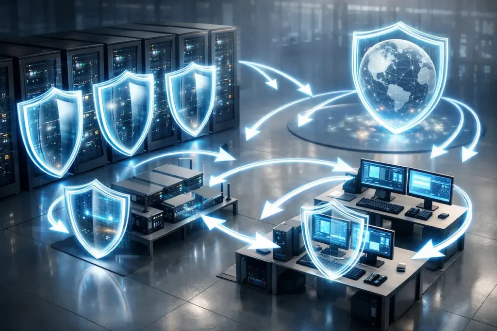 Sécurité système définition : centre de données sécurisé avec serveurs, postes de travail et flux de données protégés par des boucliers numériques