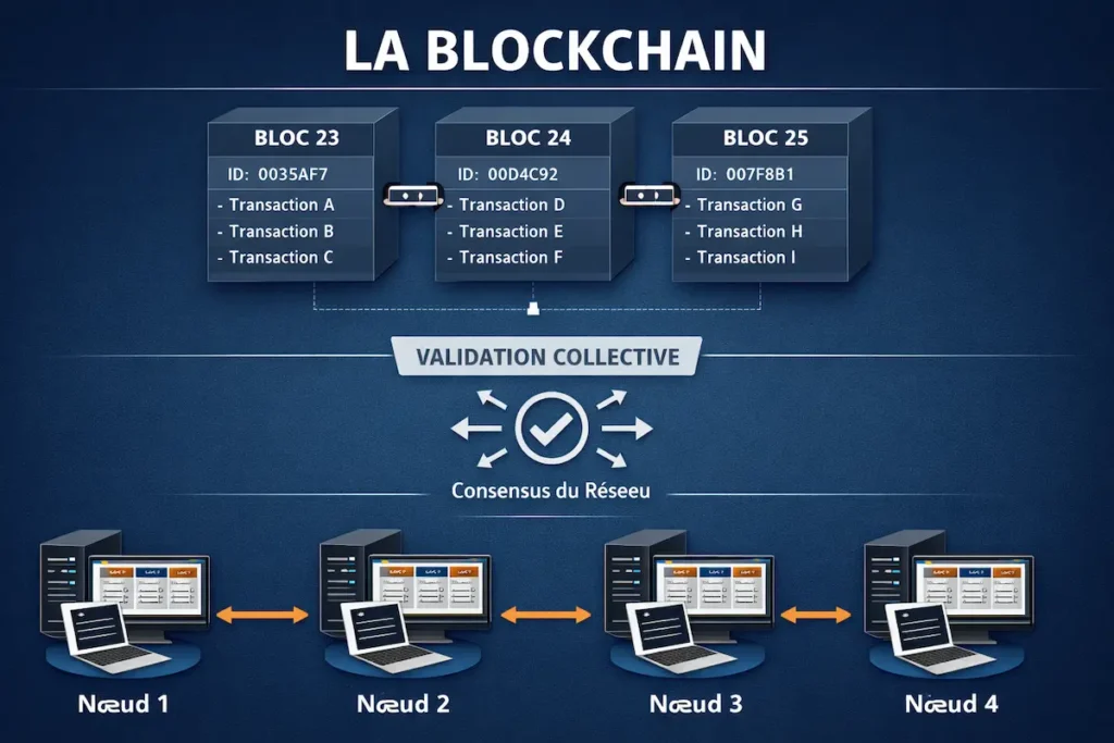 Blockchain définition Illustration d’un registre distribué composé de blocs chaînés, montrant la décentralisation, la validation collective et la traçabilité