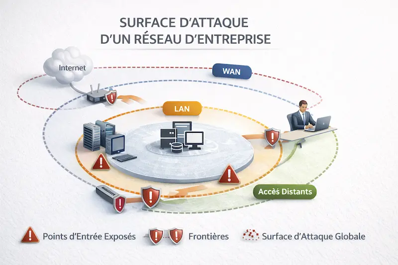 Schéma montrant un réseau avec zones, frontières et périmètre de sécurité illustrant la surface d’attaque