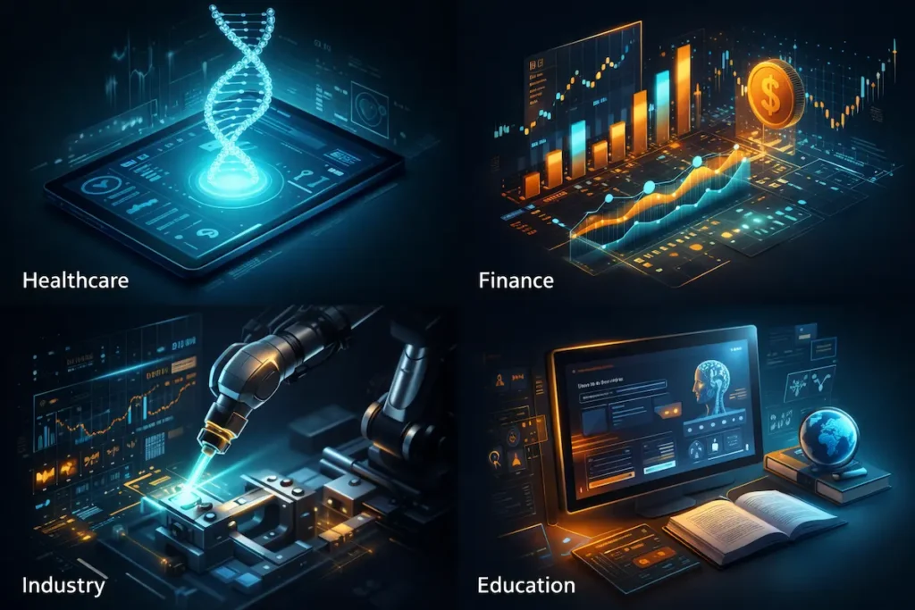 Composition en grille de quatre images illustrant des interfaces d'intelligence artificielle superposées à des environnements de santé, finance, usine et éducation.