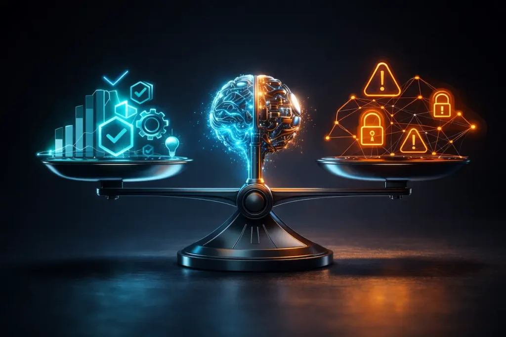 Infographie conceptuelle montrant un cerveau numérique en équilibre parfait sur une balance, entouré d'icônes de productivité et de symboles de sécurité.