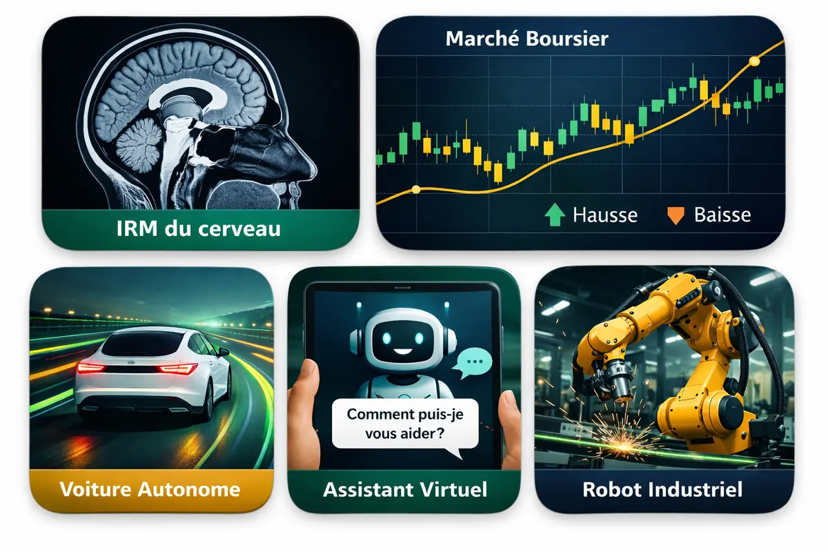 Applications de l'intelligence artificielle dans la santé, la finance, le transport, le marketing et l'industrie.
