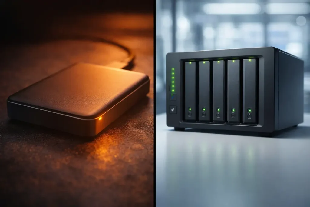 Vue scindée comparant un simple disque dur externe vulnérable et un serveur NAS sécurisé à plusieurs baies.