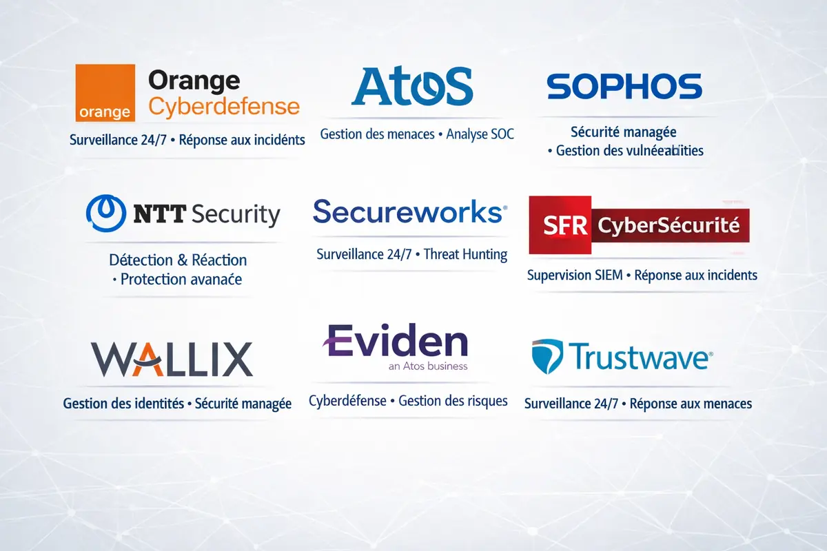 Compilation de logos de différents fournisseurs de services de sécurité réseau pour entreprises, avec brèves descriptions.