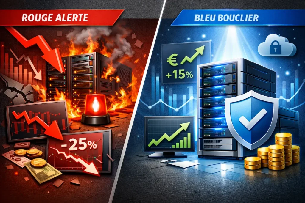 Infographie comparant les coûts financiers d'une attaque DDoS (temps d'arrêt, pertes) face au coût d'une solution de protection.