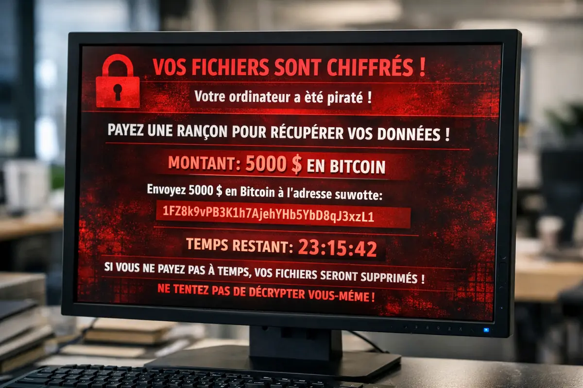 Écran d'ordinateur d'entreprise bloqué par un ransomware, affichant une demande de rançon.