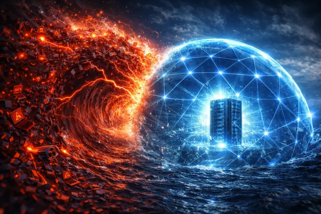 Illustration conceptuelle de ddos protection avec un bouclier numérique repoussant une cyberattaque massive.