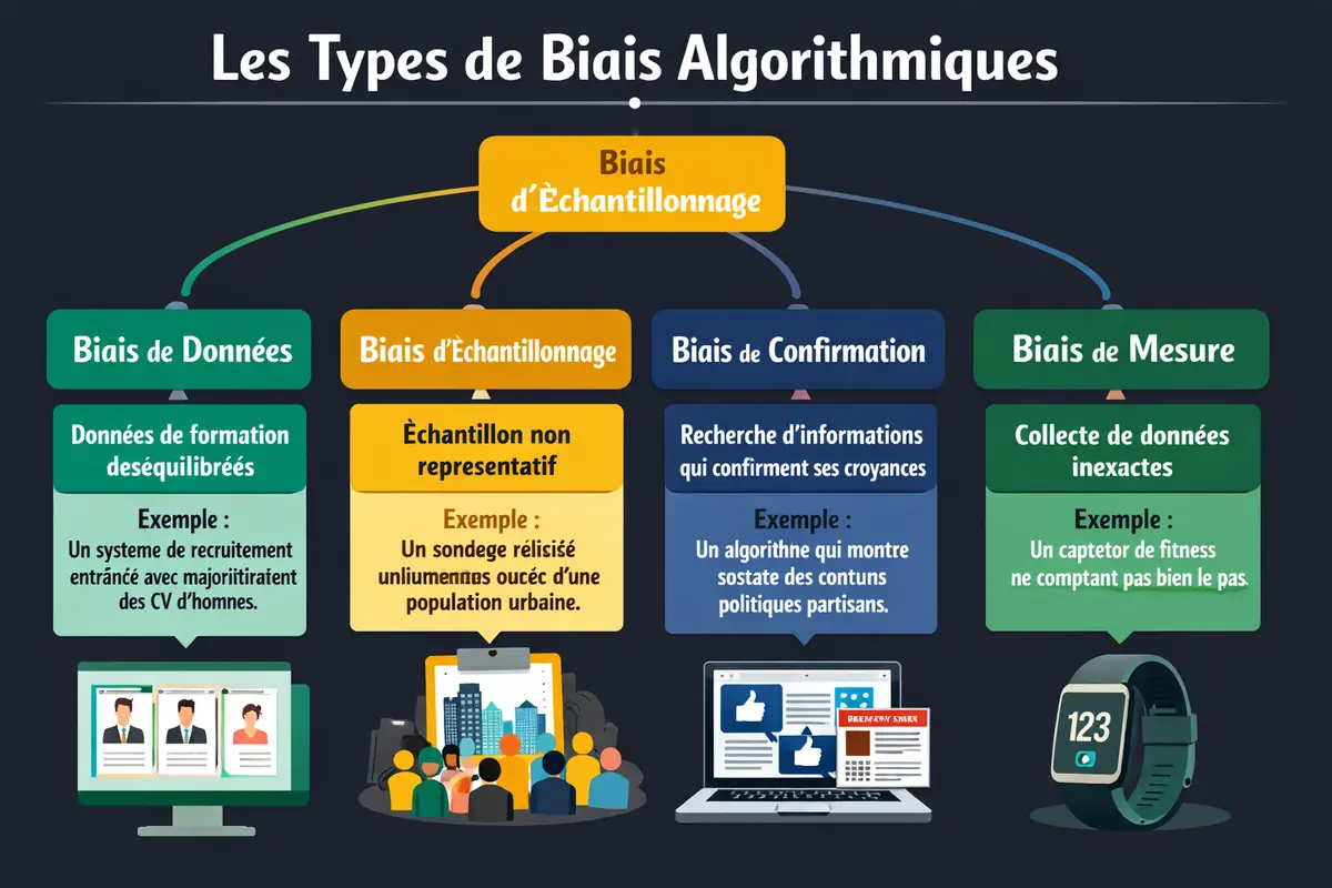 Graphique illustrant les différents types de biais pouvant affecter un algorithme d'IA.