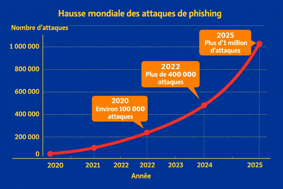 Graphique montrant une forte augmentation des attaques de phishing de 2020 à 2025.