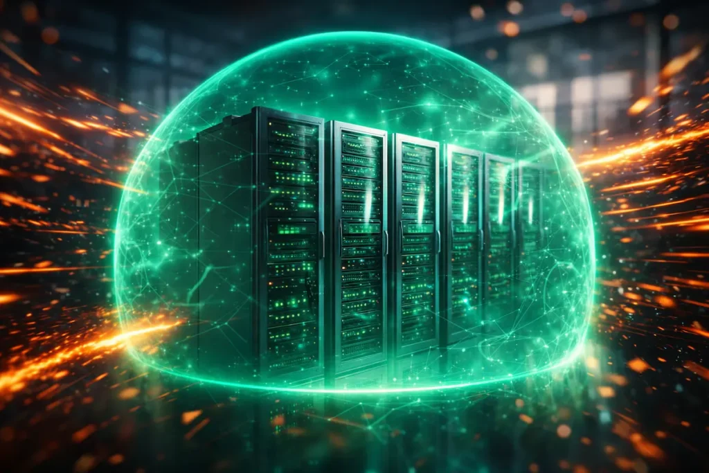 Un bouclier numérique lumineux protégeant des serveurs d'entreprise, symbolisant une sauvegarde de données entreprise infaillible. sauvegarde de données entreprise