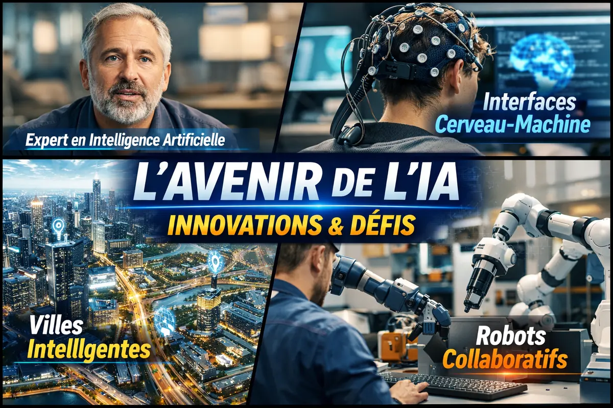Image futuriste des perspectives d'avenir de l'IA, avec des interfaces cerveau-machine et des villes intelligentes.