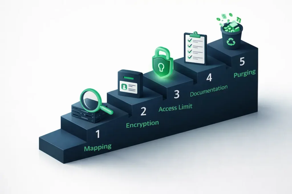 Infographie schématisant les 5 étapes de la conformité RGPD : Cartographier, Chiffrer, Limiter, Documenter et Purger.