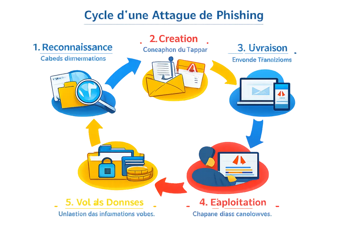Infographie illustrant les 5 étapes d'une attaque de phishing, de la reconnaissance à l'exploitation des données.