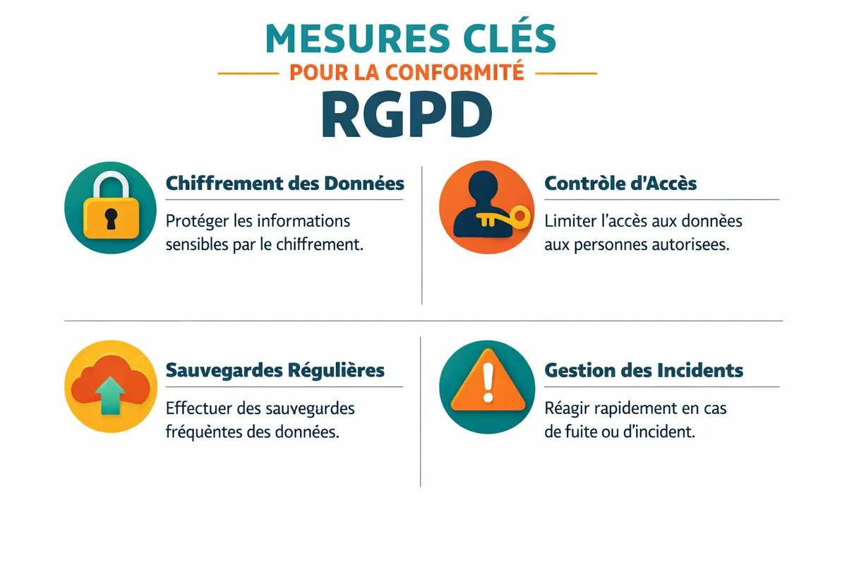 Infographie listant les principales mesures de sécurité à mettre en place pour protéger les données personnelles selon le RGPD.