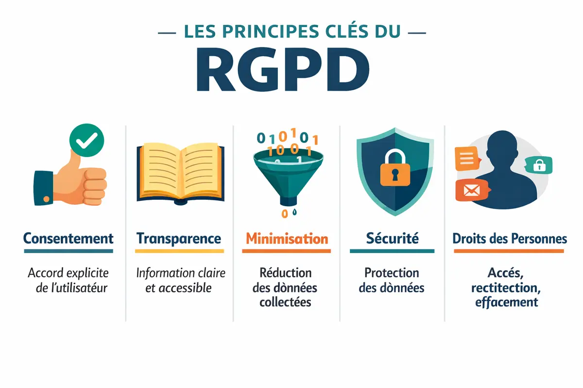 Infographie résumant visuellement les principes fondamentaux du RGPD : consentement, transparence, minimisation, sécurité, droits des personnes.