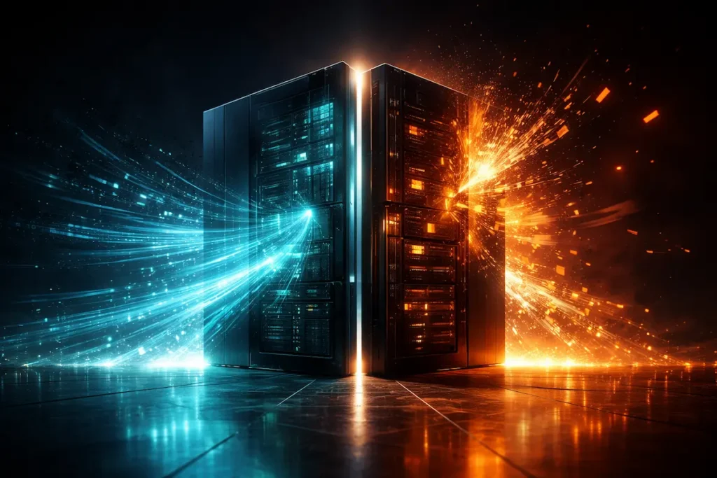 Représentation abstraite illustrant l'intelligence artificielle risques et bénéfices, montrant un code source traversé d'une lumière bleue et d'une faille orange vif.