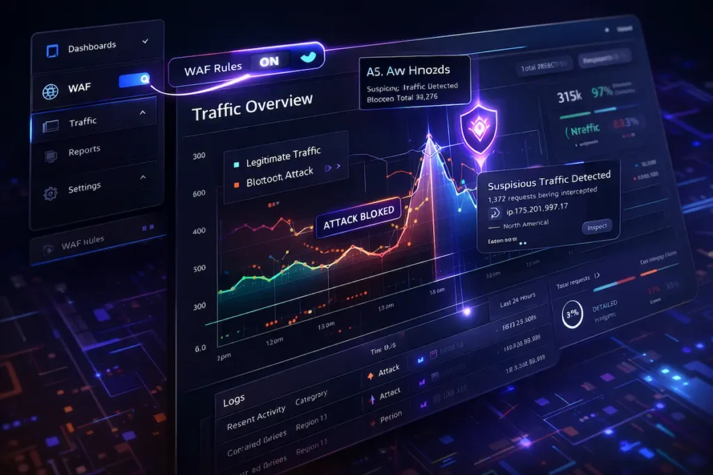 Capture d'écran conceptuelle et annotée d'un tableau de bord de surveillance du trafic et de paramètres WAF.