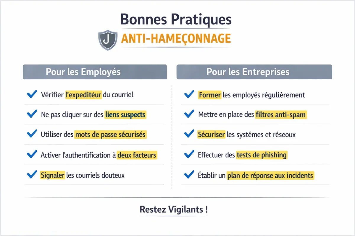 Liste de contrôle visuelle des actions clés pour se protéger du phishing, destinée aux employés et aux entreprises.