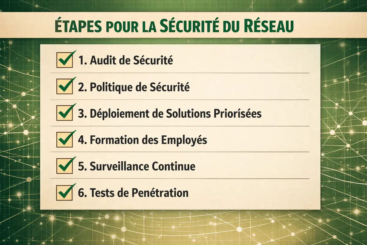 Liste des six étapes clés pour mettre en place une stratégie de sécurité réseau efficace dans une entreprise.