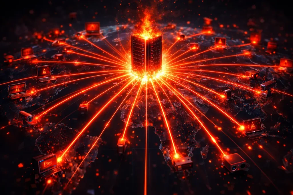 Graphique réseau illustrant un botnet de machines compromises envoyant un flux de trafic malveillant coordonné vers un serveur cible.