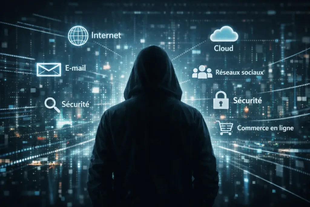 protection vie privée internet — Silhouette discrète naviguant anonymement sur le web, ambiance protection de la vie privée.