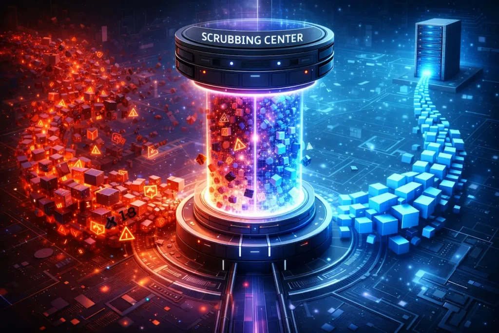 Schéma technique du fonctionnement d'un scrubbing center filtrant le trafic malveillant pour rediriger le trafic légitime.